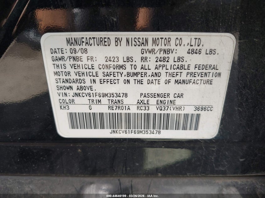 2009 Infiniti G VIN JNKCV61F69M353478 IAAI salvage auction — FRONT END, Clear (Oklahoma), sold $425 on 2026-07-07 (photo 9)