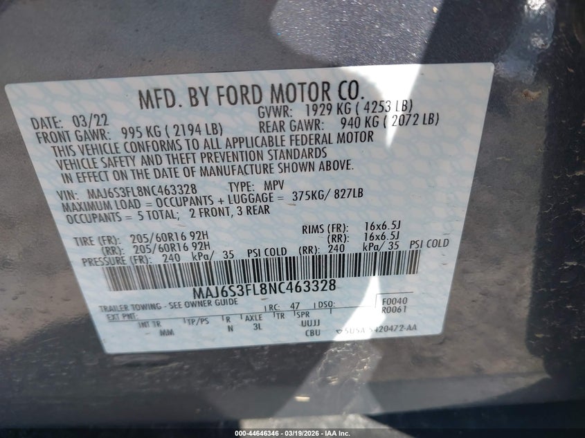 2022 Ford Ecosport VIN MAJ6S3FL8NC463328 IAAI salvage auction — FRONT END, Salvage (Kentucky), sold $1,400 on 2026-07-28 (photo 9)