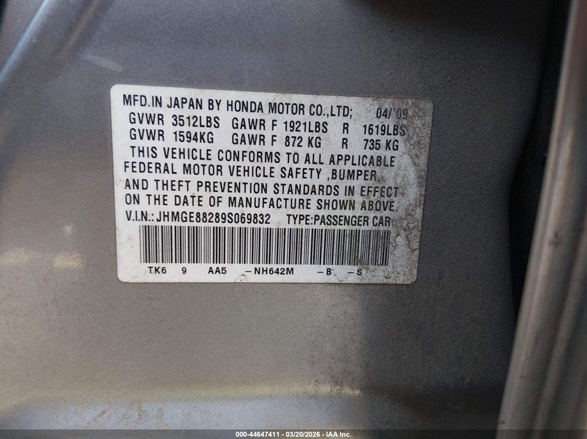 2009 Honda Fit VIN JHMGE88289S069832 IAAI salvage auction — RIGHT SIDE, Prior Salvage (Minnesota), sold $250 on 2026-07-22 (photo 9)