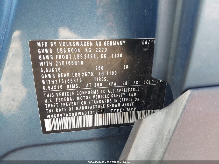 2017 Volkswagen Tiguan VIN WVGBV7AX9HW501312 IAAI salvage auction — REAR END, Salvage (Massachusetts), sold $2,450 on 2026-07-28 (photo 9)