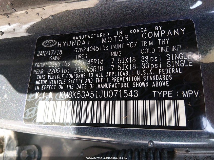 2018 Hyundai Kona VIN KM8K53A51JU071543 IAAI salvage auction — ENGINE BURN, Salvage Title, sold $50 on 2026-07-22 (photo 9)