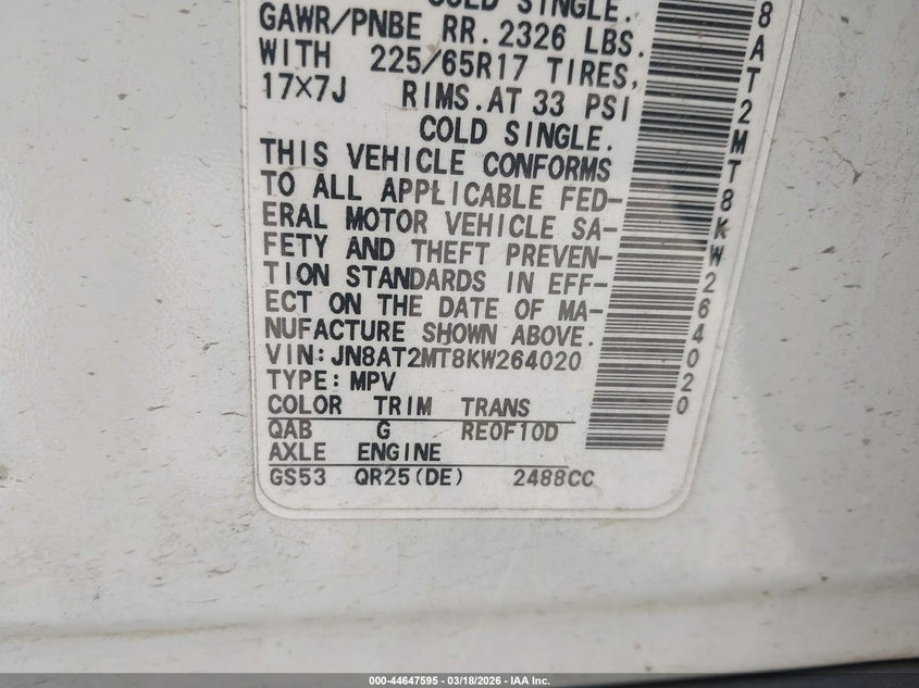 2019 Nissan Rogue VIN JN8AT2MT8KW264020 IAAI salvage auction — FRONT END, Salvage Title, sold $1,325 on 2026-07-17 (photo 9)
