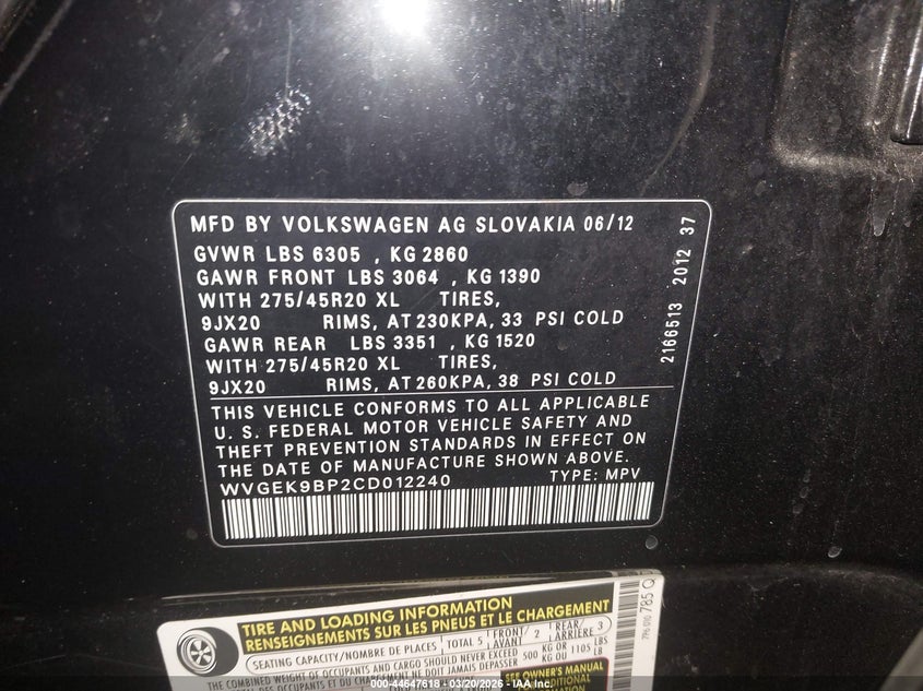 2012 Volkswagen Touareg VIN WVGEK9BP2CD012240 IAAI salvage auction — FRONT END, Salvage (Arizona), sold $2,150 on 2026-07-28 (photo 9)