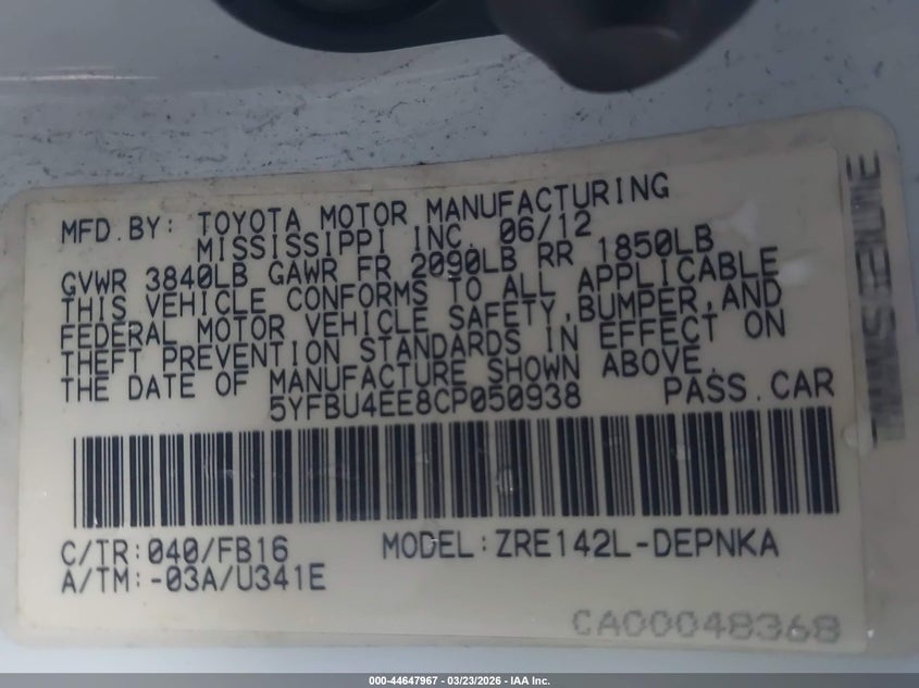 2012 Toyota Corolla VIN 5YFBU4EE8CP050938 IAAI salvage auction — FRONT END, Salvage (California), sold $1,550 on 2026-07-22 (photo 9)