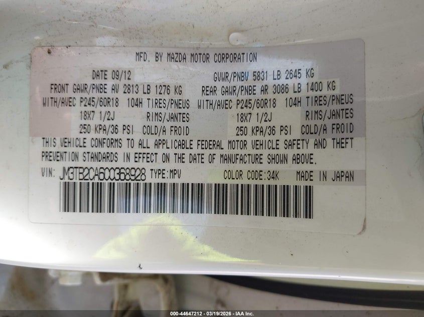 2012 Mazda Cx-9 VIN JM3TB2CA6C0368928 IAAI salvage auction — RIGHT SIDE, Clear (Texas), sold $650 on 2026-07-13 (photo 9)