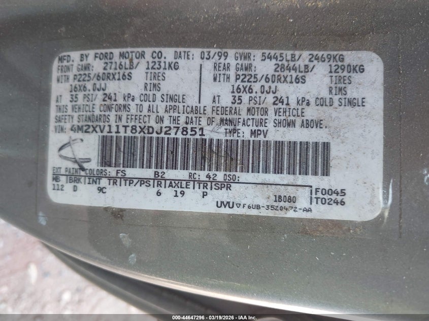 1999 Mercury Villager VIN 4M2XV11T8XDJ27851 IAAI salvage auction — ALL OVER, Salvage (Alabama), sold $25 on 2026-07-29 (photo 9)
