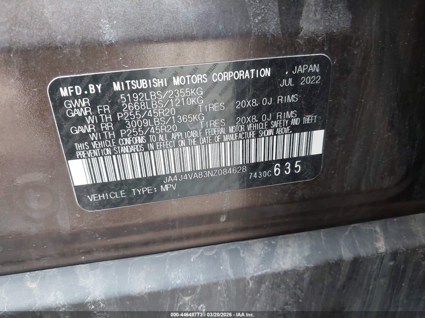 2022 Mitsubishi Outlander VIN JA4J4VA83NZ084628 IAAI salvage auction — REAR END, Salvage Title, sold $6,300 on 2026-08-01 (photo 9)