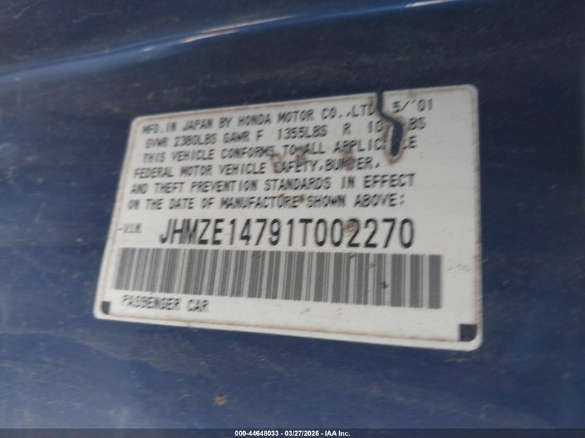 2001 Honda Insight VIN JHMZE14791T002270 IAAI salvage auction — FRONT END, Regular Certificate (Iowa), sold $775 on 2026-07-28 (photo 9)
