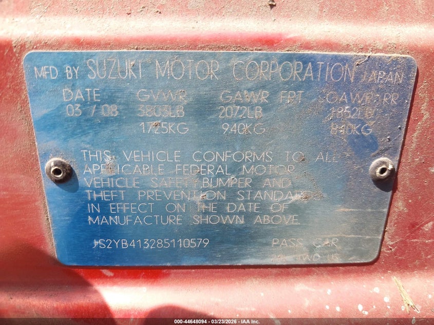 2008 Suzuki Sx4 VIN JS2YB413285110579 IAAI salvage auction — RIGHT SIDE, Salvage (California), sold $125 on 2026-09-16 (photo 9)
