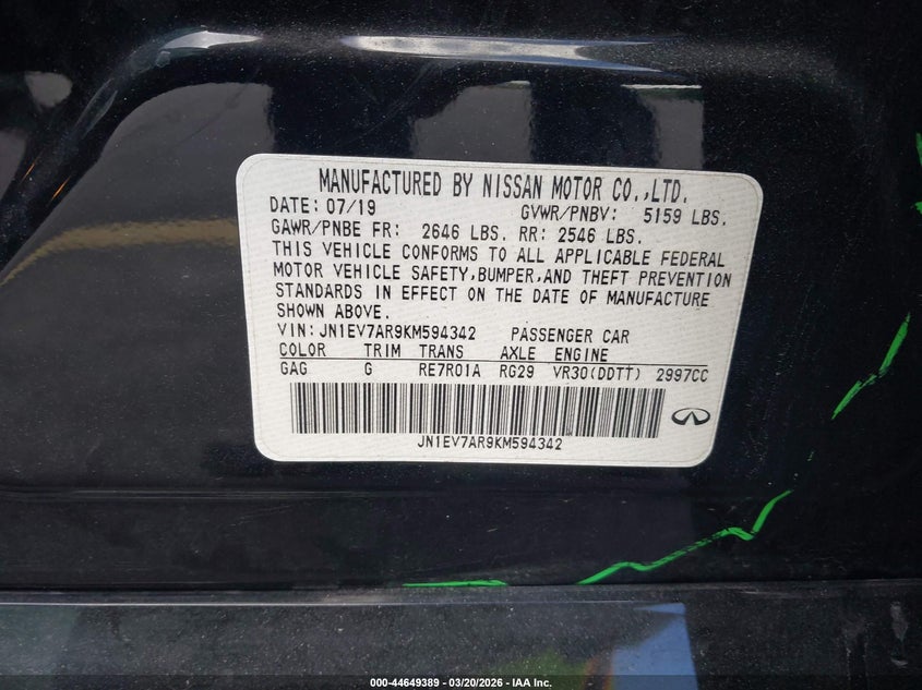 2019 Infiniti Q50 VIN JN1EV7AR9KM594342 IAAI salvage auction — SIDE, Salvage Title, sold $2,300 on 2026-07-23 (photo 9)