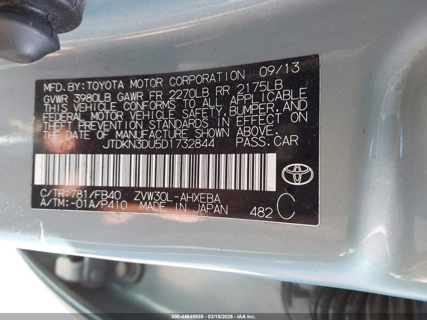 2013 Toyota Prius VIN JTDKN3DU5D1732844 IAAI salvage auction — FRONT END, Clear (Maryland), sold $925 on 2026-07-30 (photo 9)