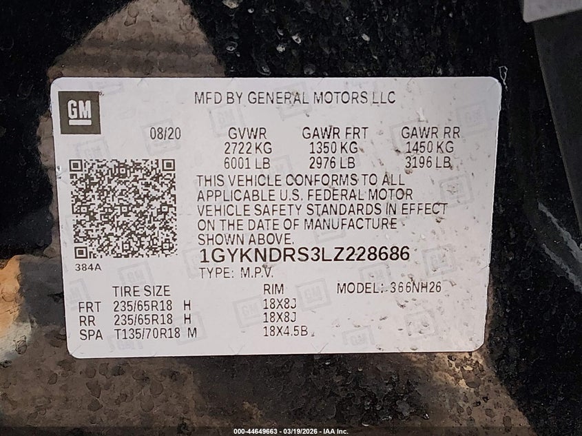 2020 Cadillac Xt5 VIN 1GYKNDRS3LZ228686 IAAI salvage auction — RIGHT FRONT, Salvage Title, sold $5,100 on 2026-07-31 (photo 9)