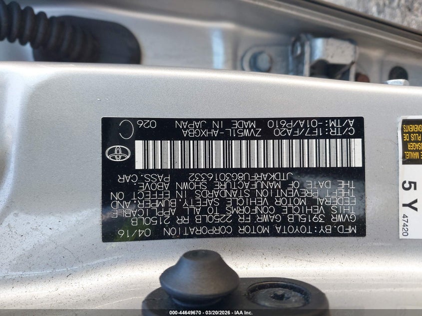 2016 Toyota Prius VIN JTDKARFU8G3016332 IAAI salvage auction — LEFT FRONT, Salvage Title, sold $2,750 on 2026-07-17 (photo 9)