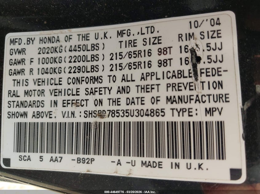 2005 Honda Cr-v VIN SHSRD78535U304865 IAAI salvage auction — FRONT & REAR, Salvage (North Carolina), sold $475 on 2026-07-13 (photo 9)