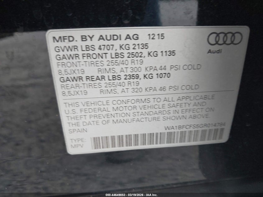 2016 Audi Q3 VIN WA1BFCFS5GR014784 IAAI salvage auction — FRONT END, Salvage Title, sold $2,950 on 2026-07-23 (photo 9)