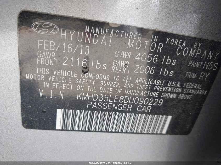 2013 Hyundai Elantra VIN KMHD35LE8DU090229 IAAI salvage auction — FRONT END, Salvage (Georgia), sold $425 on 2026-07-08 (photo 9)