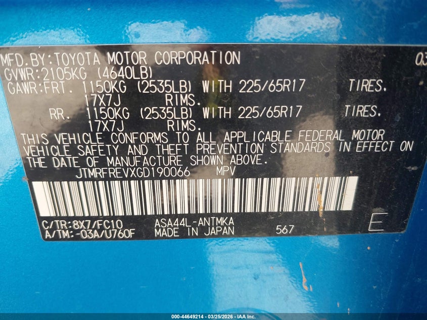 2016 Toyota Rav 4 VIN JTMRFREVXGD190066 IAAI salvage auction — REAR END, Salvage (North Carolina), sold $5,550 on 2026-07-17 (photo 9)