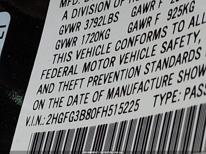 2015 Honda Civic VIN 2HGFG3B80FH515225 IAAI salvage auction — FRONT END, Salvage Title, sold $1,050 on 2026-07-22 (photo 9)