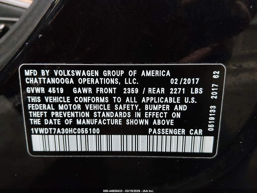 2017 Volkswagen Passat VIN 1VWDT7A30HC055100 IAAI salvage auction — SIDE, Salvage (Idaho), sold $3,400 on 2026-07-31 (photo 9)