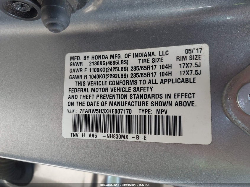 2017 Honda Cr-v VIN 7FARW5H3XHE007170 IAAI salvage auction — FRONT END, Salvage (Georgia), sold $4,275 on 2026-07-31 (photo 9)