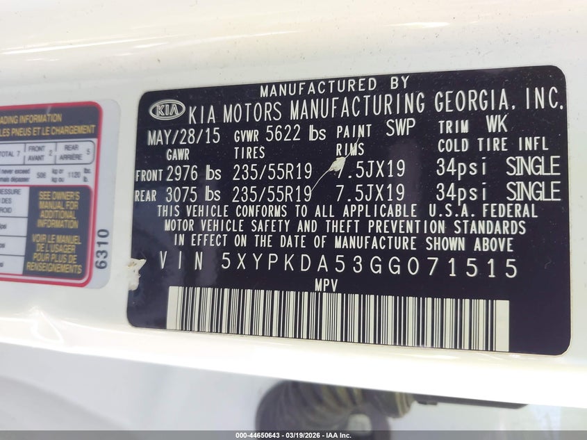 2016 Kia Sorento VIN 5XYPKDA53GG071515 IAAI salvage auction — REAR END, Mv-907A (New York), sold $2,800 on 2026-07-22 (photo 9)
