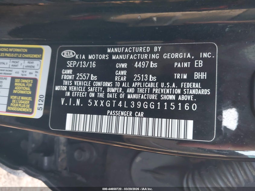 2016 Kia Optima VIN 5XXGT4L39GG115160 IAAI salvage auction — LEFT & RIGHT, Salvage Title, sold $375 on 2026-07-23 (photo 9)