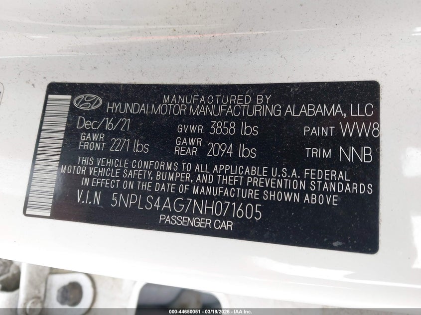 2022 Hyundai Elantra VIN 5NPLS4AG7NH071605 IAAI salvage auction — SIDE, Salvage (Idaho), sold $2,850 on 2026-07-28 (photo 9)