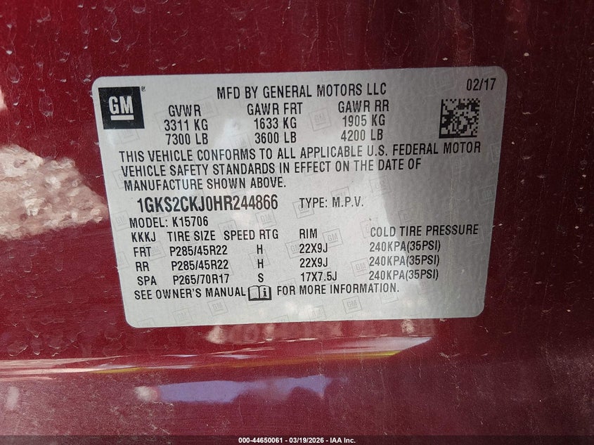 2017 Gmc Yukon VIN 1GKS2CKJ0HR244866 IAAI salvage auction — LEFT SIDE, Salvage (Arkansas), sold $5,900 on 2026-07-24 (photo 9)