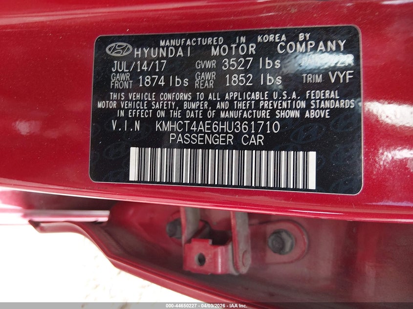 2017 Hyundai Accent VIN KMHCT4AE6HU361710 IAAI salvage auction — LEFT REAR, Wait Title, sold $975 on 2026-07-08 (photo 9)