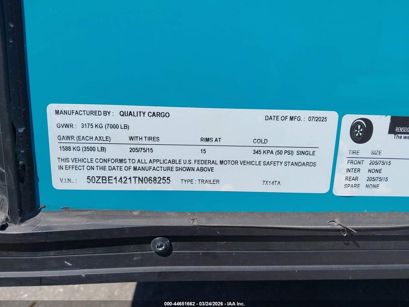 2026 Quality 14' cargo enclosed VIN 50ZBE1421TN068255 IAAI salvage auction — SIDE, Rebuildable (Florida), sold $7,650 on 2026-07-08 (photo 9)
