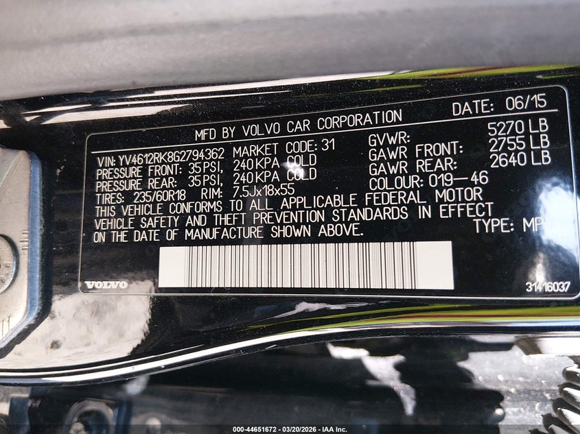 2016 Volvo Xc60 VIN YV4612RK8G2794362 IAAI salvage auction — FRONT END, Salvage Title, sold $1,200 on 2026-08-02 (photo 9)