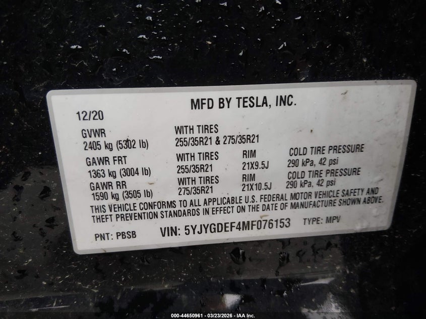 2021 Tesla Model y VIN 5YJYGDEF4MF076153 IAAI salvage auction — SIDE, Salvage (West Virginia), sold $6,650 on 2026-07-16 (photo 9)