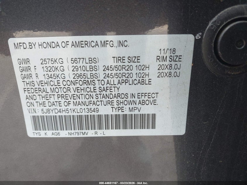 2019 Acura Mdx VIN 5J8YD4H51KL013549 IAAI salvage auction — FRONT & REAR, Salvage Title, sold $8,000 on 2026-07-30 (photo 9)