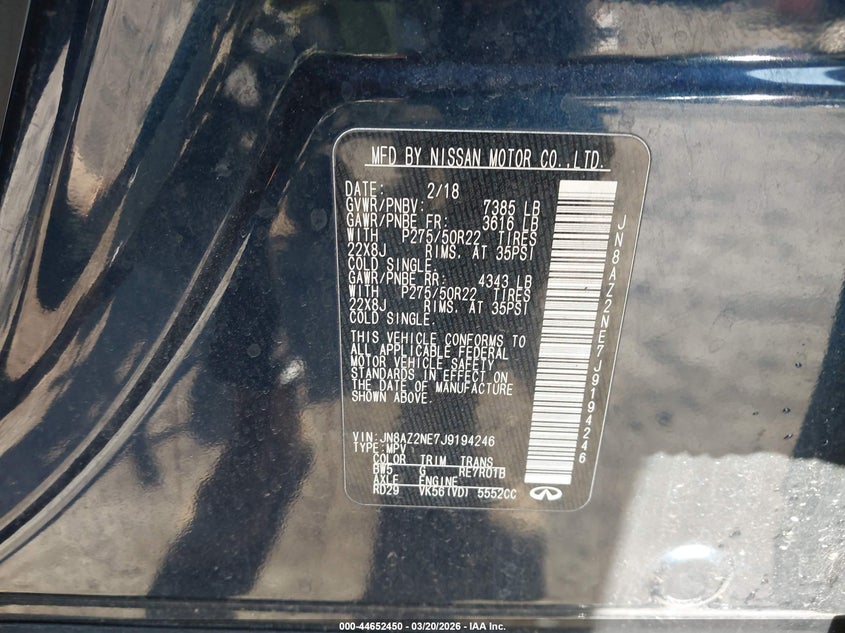 2018 Infiniti Qx80 VIN JN8AZ2NE7J9194246 IAAI salvage auction — FRONT END, Salvage Title, sold $8,600 on 2026-07-22 (photo 9)