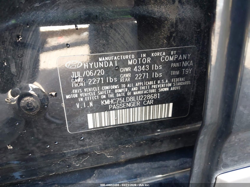 2020 Hyundai Ioniq VIN KMHC75LD8LU228681 IAAI salvage auction — ELECTRICAL, Salvage Title, sold $6,100 on 2026-07-27 (photo 9)