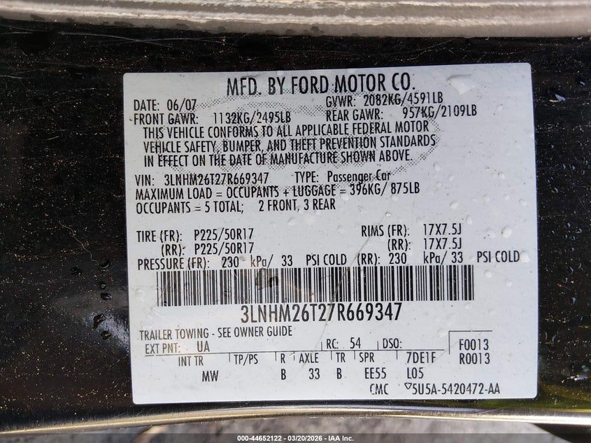 2007 Lincoln Mkz VIN 3LNHM26T27R669347 IAAI salvage auction — NORMAL WEAR, Clear (Nevada), sold $100 on 2026-07-17 (photo 9)