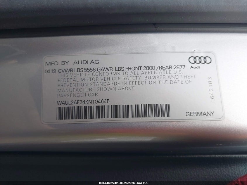 2019 Audi A6 VIN WAUL2AF24KN104645 IAAI salvage auction — FRONT END, Wait Title, sold $8,775 on 2026-07-17 (photo 9)