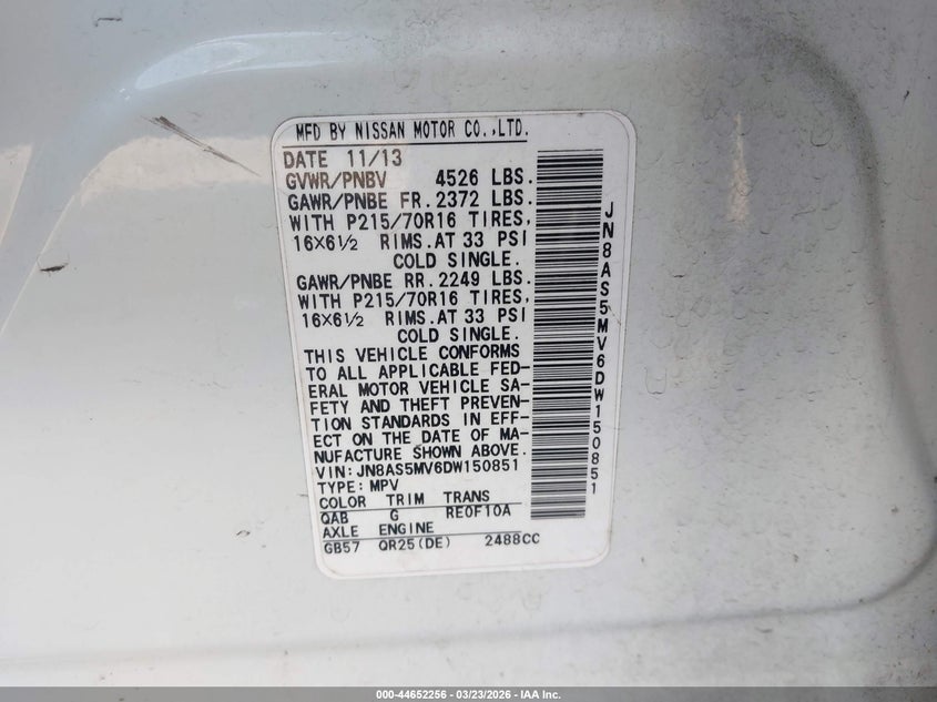 2013 Nissan Rogue VIN JN8AS5MV6DW150851 IAAI salvage auction — REAR END, Salvage (Georgia), sold $1,050 on 2026-07-22 (photo 9)