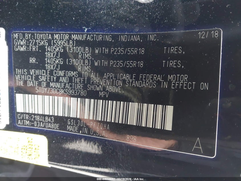 2019 Toyota Sienna VIN 5TDYZ3DC8KS993780 IAAI salvage auction — REAR END, Salvage - 75% Or Less (Maryland), sold $9,100 on 2026-07-30 (photo 9)