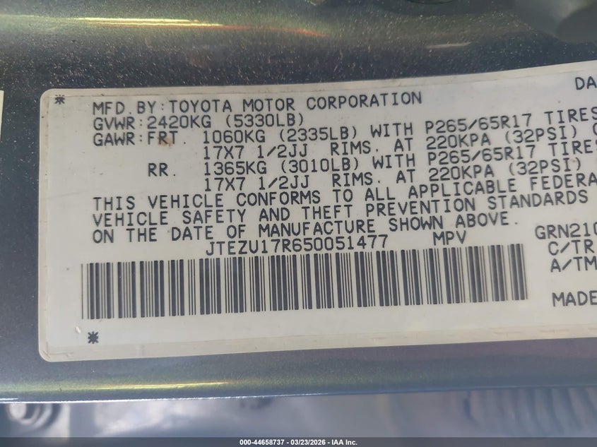 2005 Toyota 4runner VIN JTEZU17R650051477 IAAI salvage auction — FRONT & REAR, Salvage (California), sold $2,250 on 2026-07-15 (photo 9)