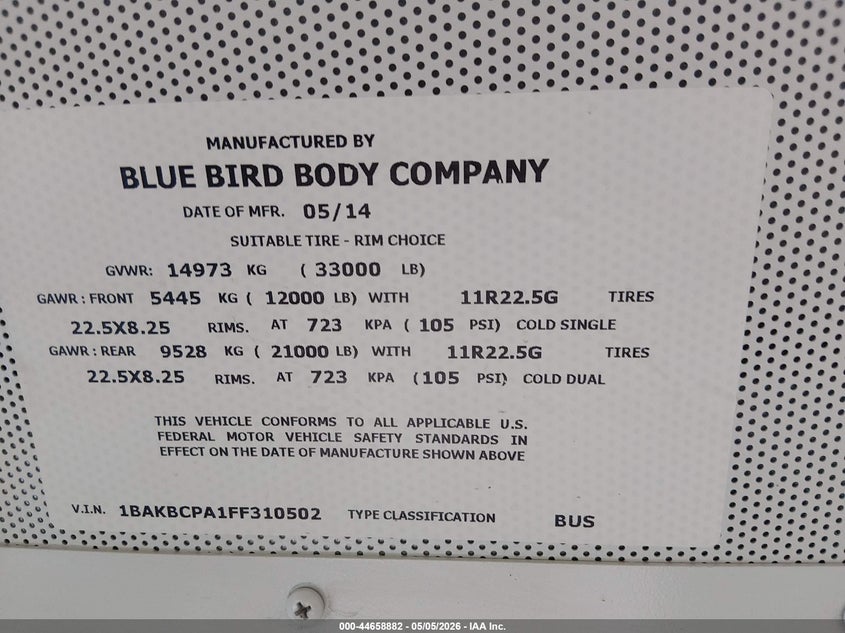 2015 Blue bird School bus / transit bus VIN 1BAKBCPA1FF310502 IAAI salvage auction — SIDE, SF97 (New Mexico), sold $2,050 on 2026-07-08 (photo 9)
