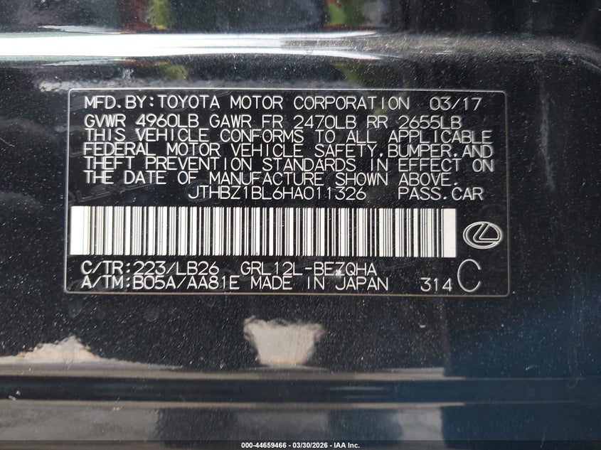 2017 Lexus Gs VIN JTHBZ1BL6HA011326 IAAI salvage auction — LEFT REAR, Wait Title, sold $8,100 on 2026-07-22 (photo 9)