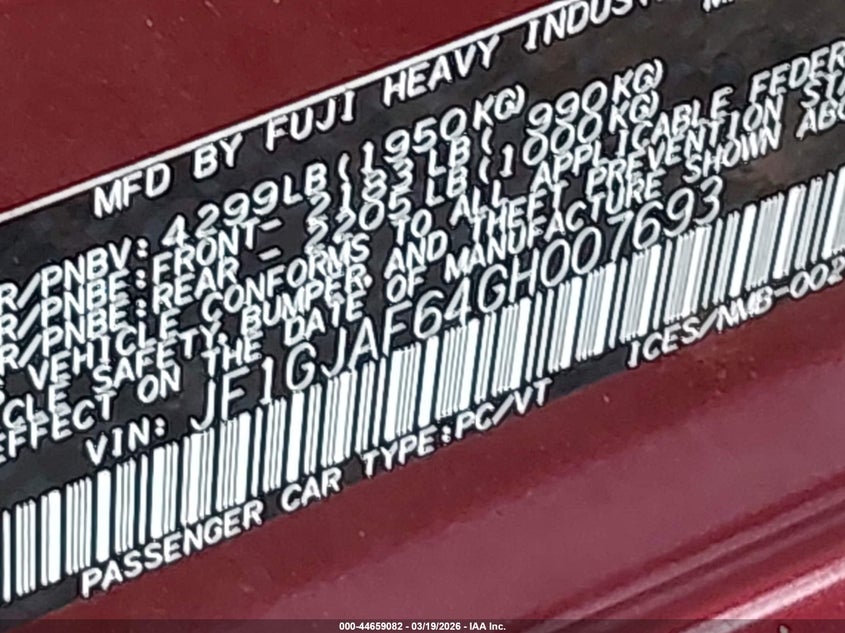2016 Subaru Impreza VIN JF1GJAF64GH007693 IAAI salvage auction — FRONT & REAR, Salvage Title, sold $1,200 on 2026-07-07 (photo 9)