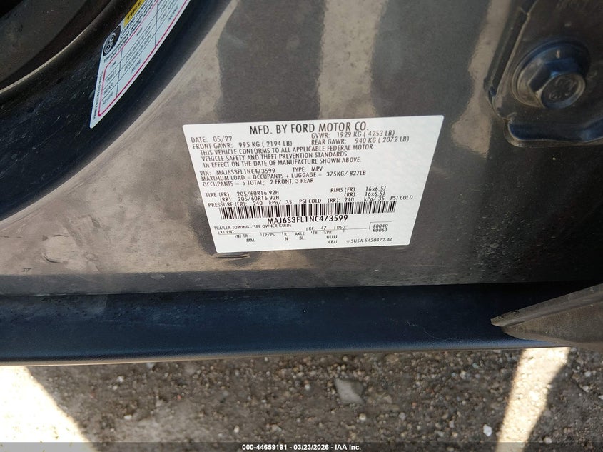 2022 Ford Ecosport VIN MAJ6S3FL1NC473599 IAAI salvage auction — ROLLOVER, Salvage (Kansas), sold $1,425 on 2026-07-31 (photo 9)