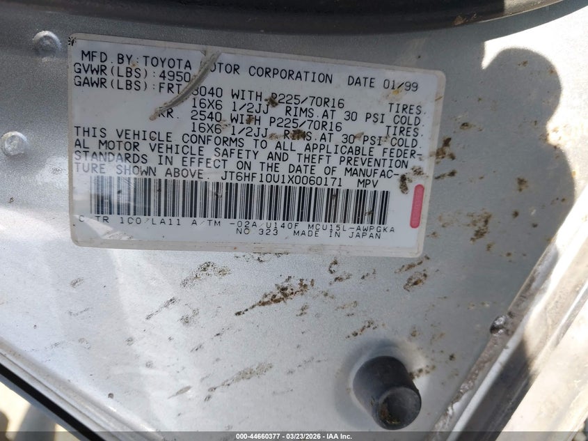 1999 Lexus Rx VIN JT6HF10U1X0060171 IAAI salvage auction — NORMAL WEAR, Clear - Public Restricted (Oregon), sold $300 on 2026-07-27 (photo 9)