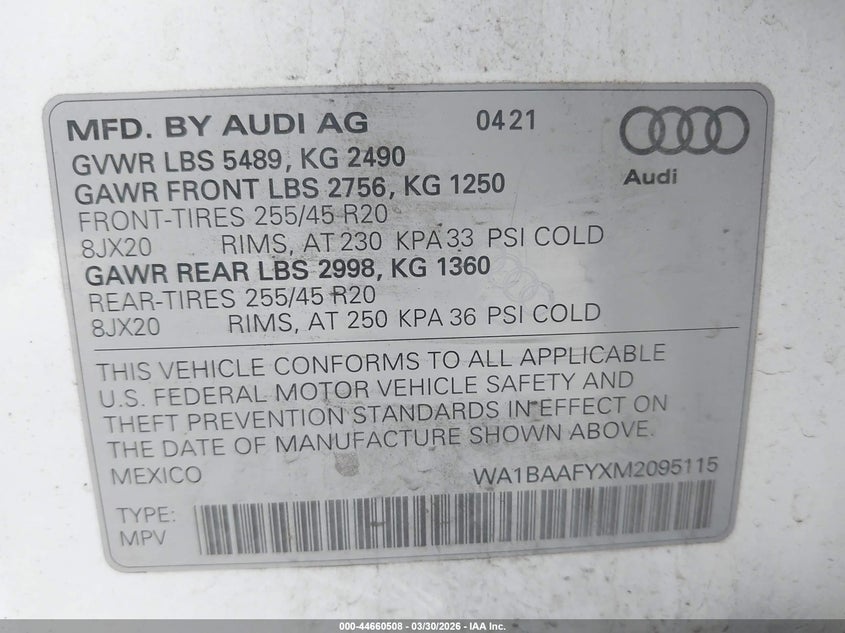 2021 Audi Q5 VIN WA1BAAFYXM2095115 IAAI salvage auction — ALL OVER, Wait Title, sold $4,700 on 2026-07-13 (photo 9)