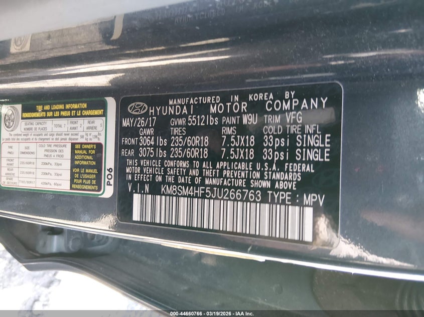 2018 Hyundai Santa fe VIN KM8SM4HF5JU266763 IAAI salvage auction — FRONT END, Salvage (South Carolina), sold $1,600 on 2026-07-22 (photo 9)