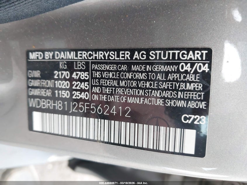 2005 Mercedes-benz C class VIN WDBRH81J25F562412 IAAI salvage auction — RIGHT SIDE, Bill Of Sale (Washington), sold $275 on 2026-08-04 (photo 9)