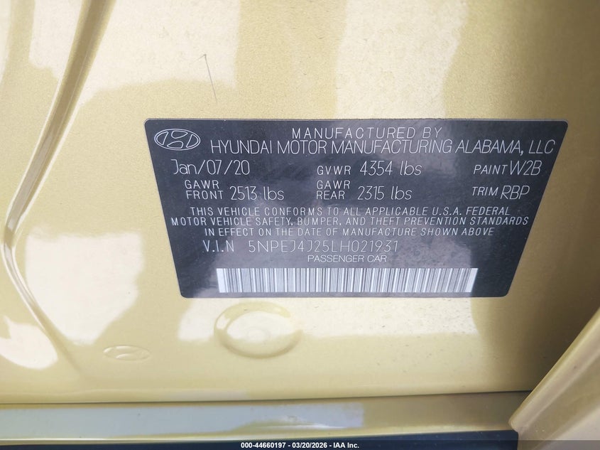 2020 Hyundai Sonata VIN 5NPEJ4J25LH021931 IAAI salvage auction — REAR END, Salvage Title, sold $2,800 on 2026-07-14 (photo 9)