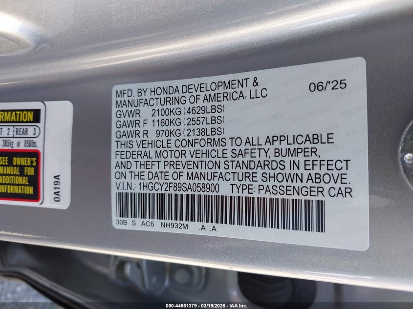 2025 Honda Accord VIN 1HGCY2F89SA058900 IAAI salvage auction — FRONT END, Salvage (California), sold $16,200 on 2026-07-28 (photo 9)
